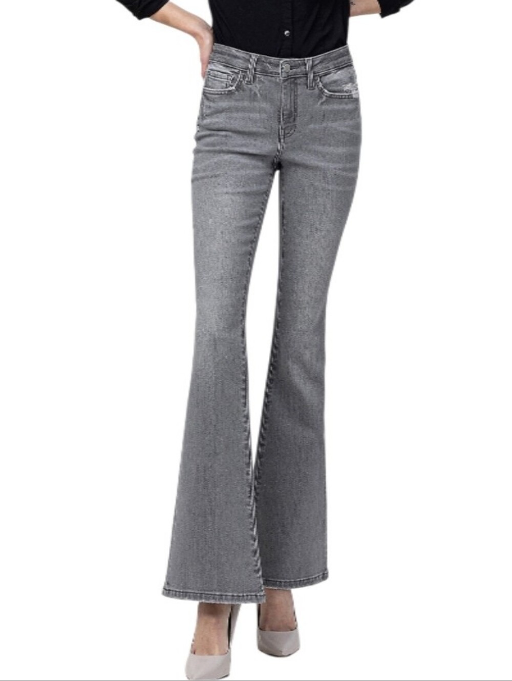 Flying Monkey Mid-Rise Flare Gray Distressed Jeans